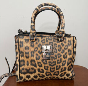 G by Guess Leopard Print Satchel Crossbody Bag Padlock Charm Silver Y2K Tote